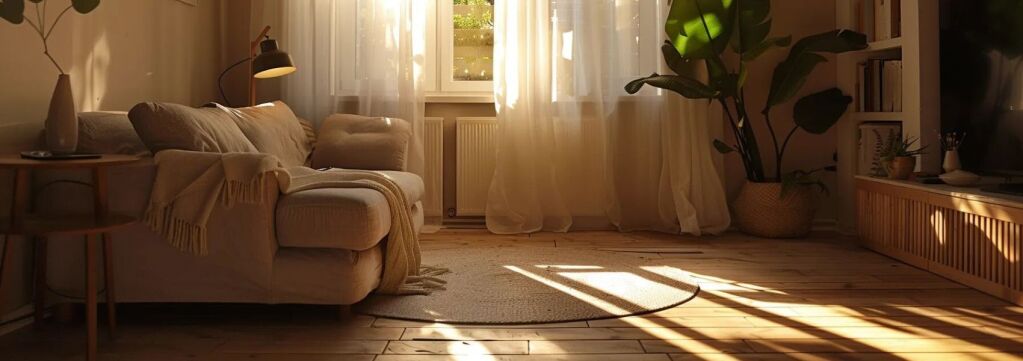 a cozy living room with neutral-toned flooring enhancing a calming atmosphere 