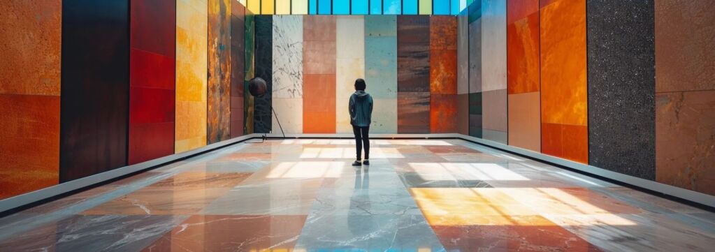 a person standing in a room surrounded by different colored flooring samples