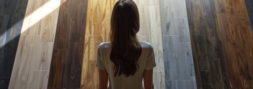 a woman standing in front of various flooring samples, contemplating which color to choose for her home