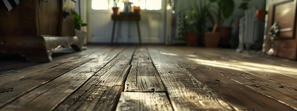 a close-up shot of worn, scratched hardwood flooring in a dimly lit room.