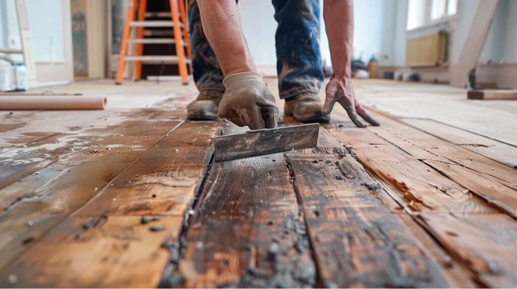 conctractor replacing a worn hardwood floor with deep scratches and fading finish, signaling the need for replacement.