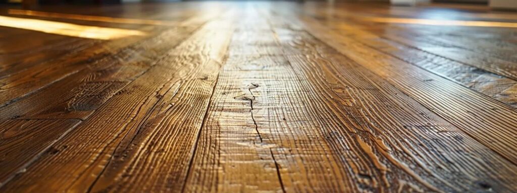 a close-up photo of a worn-out hardwood floor with deep scratches, fading color, and visible warping.