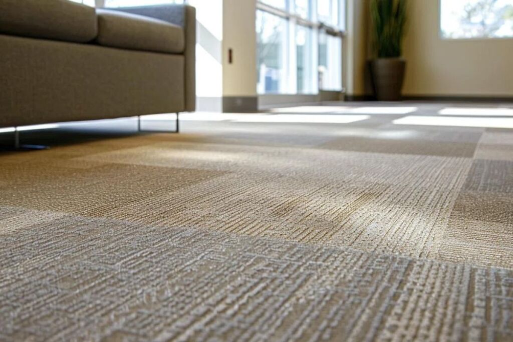 carpet tiles in a well-lit basement renovation.