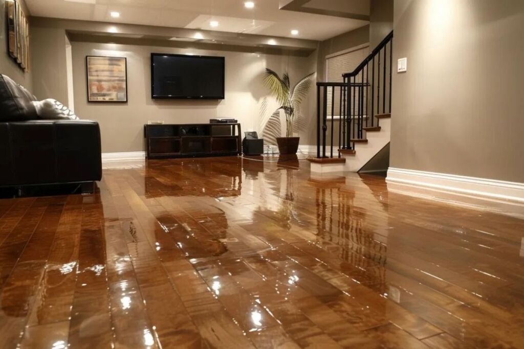 a sleek, polished engineered hardwood floor that reflects light in a newly renovated basement.