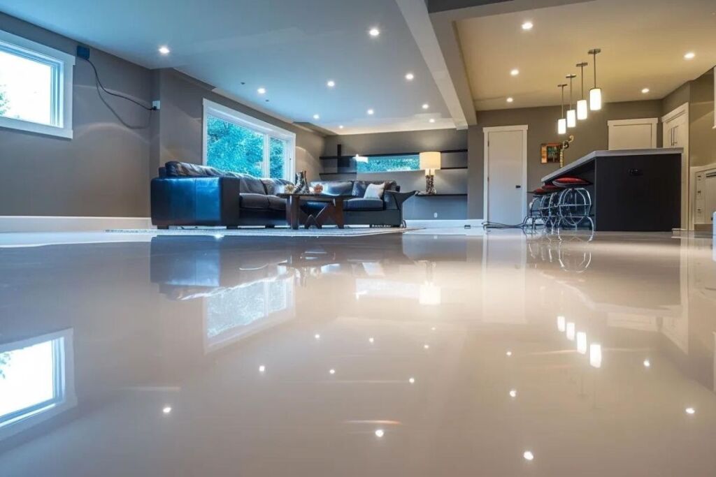 a sleek, epoxy floor gleaming in the softly-lit basement, adding a modern touch to the spacious room.